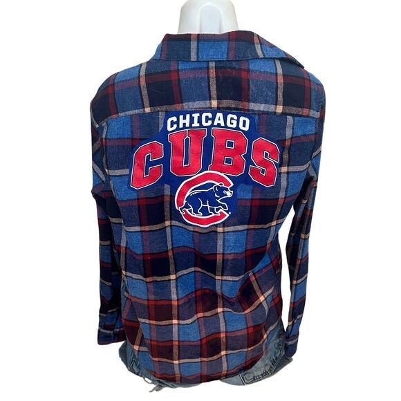 Chicago Cubs Baseball Plaid Flannel Shirt SMALL Oversized Shacket Unique Upcycle - Picture 1 of 6